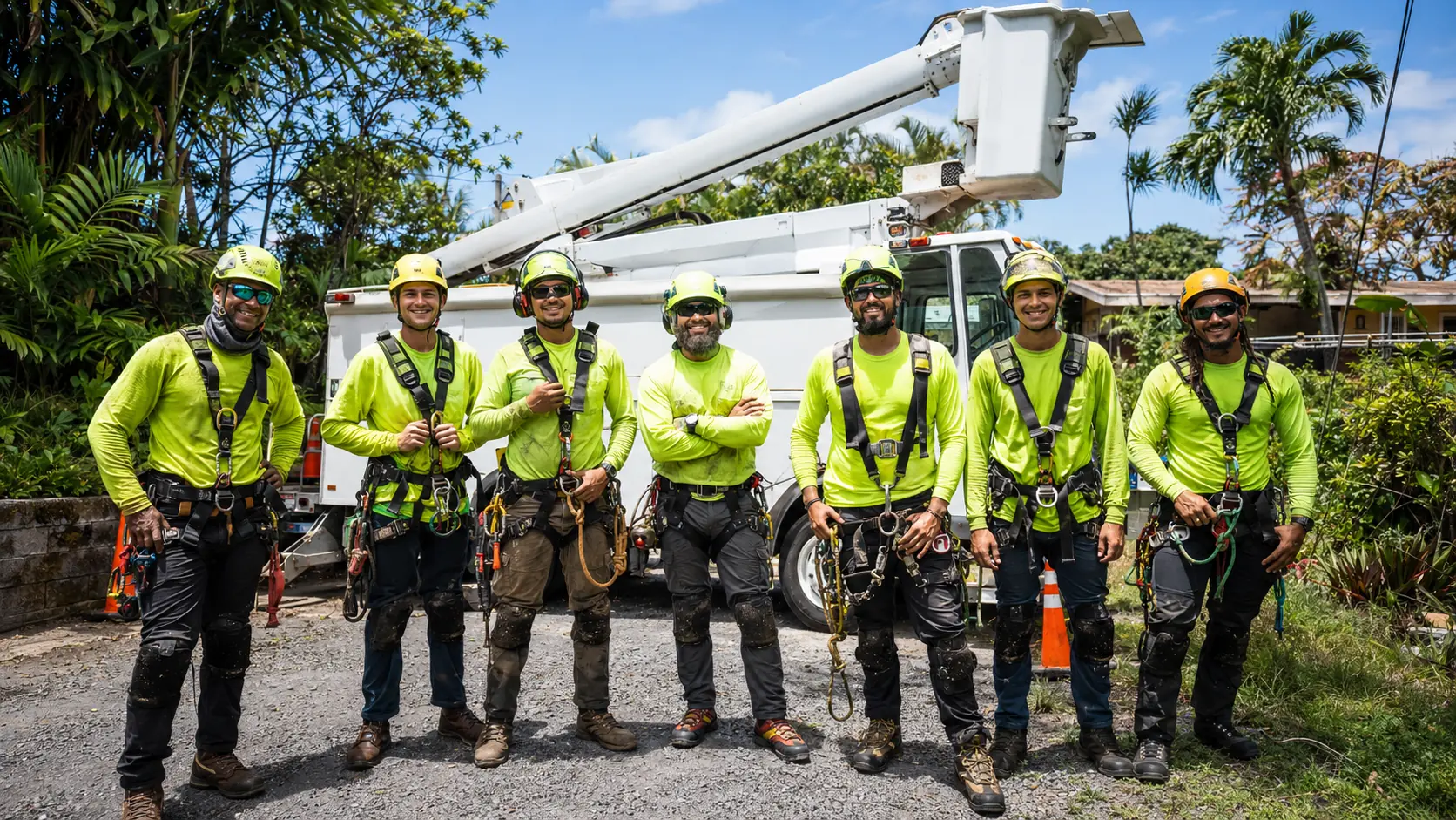 Tree Care Experts crew in safety gear beside a tree-service bucket truck