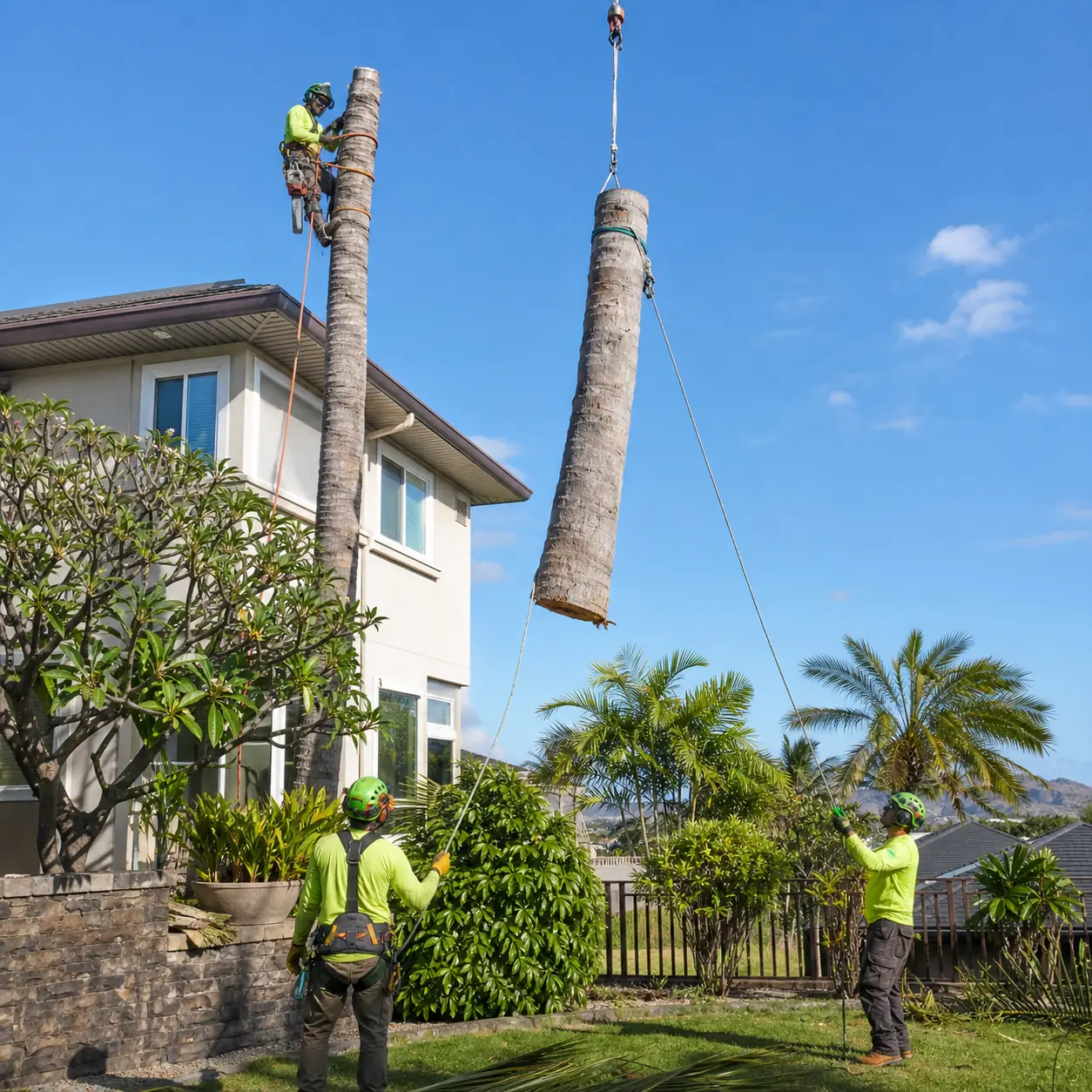 Arborist crew safely rigging a palm tree section in Oahu