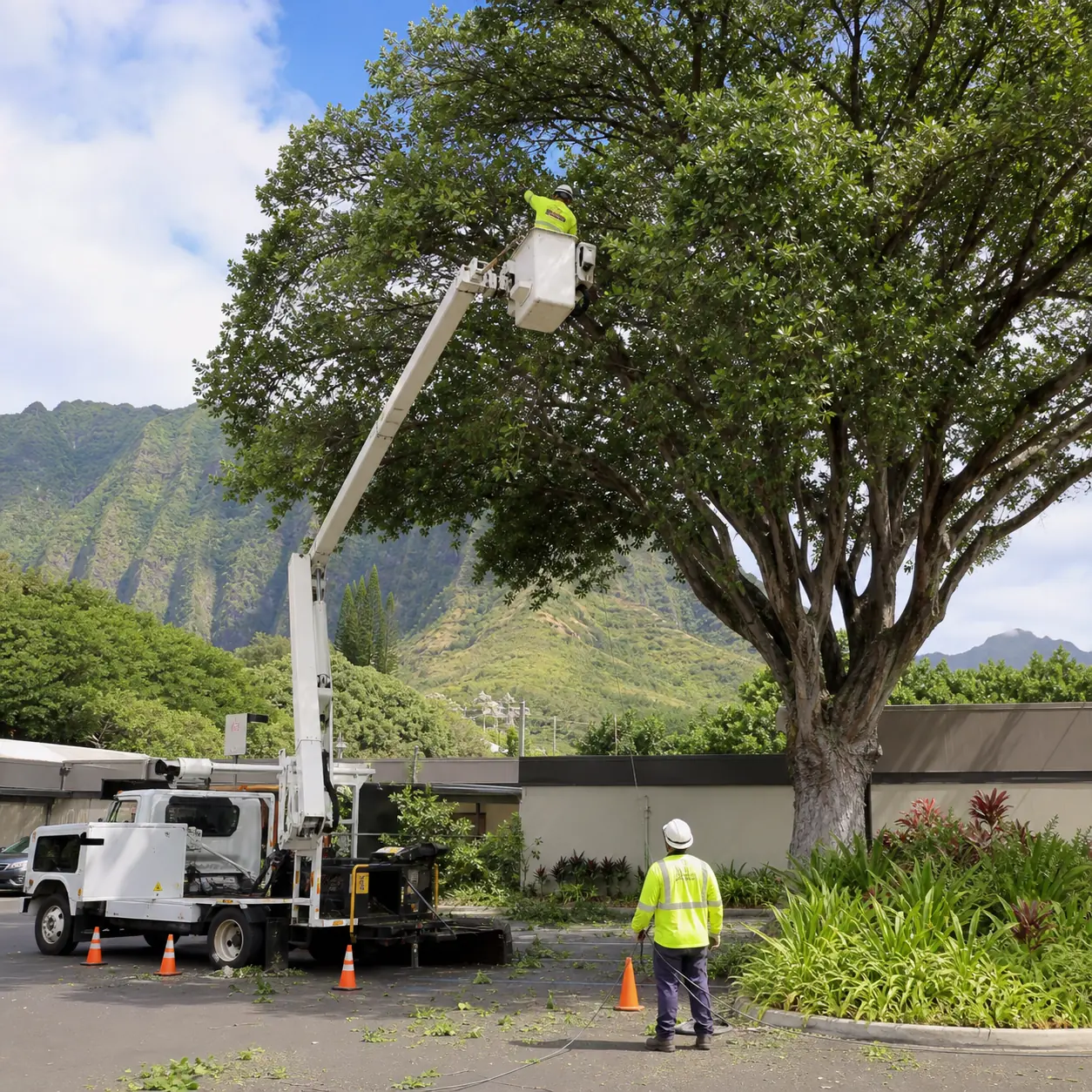 Bucket truck crew thinning a large tropical tree in Oahu