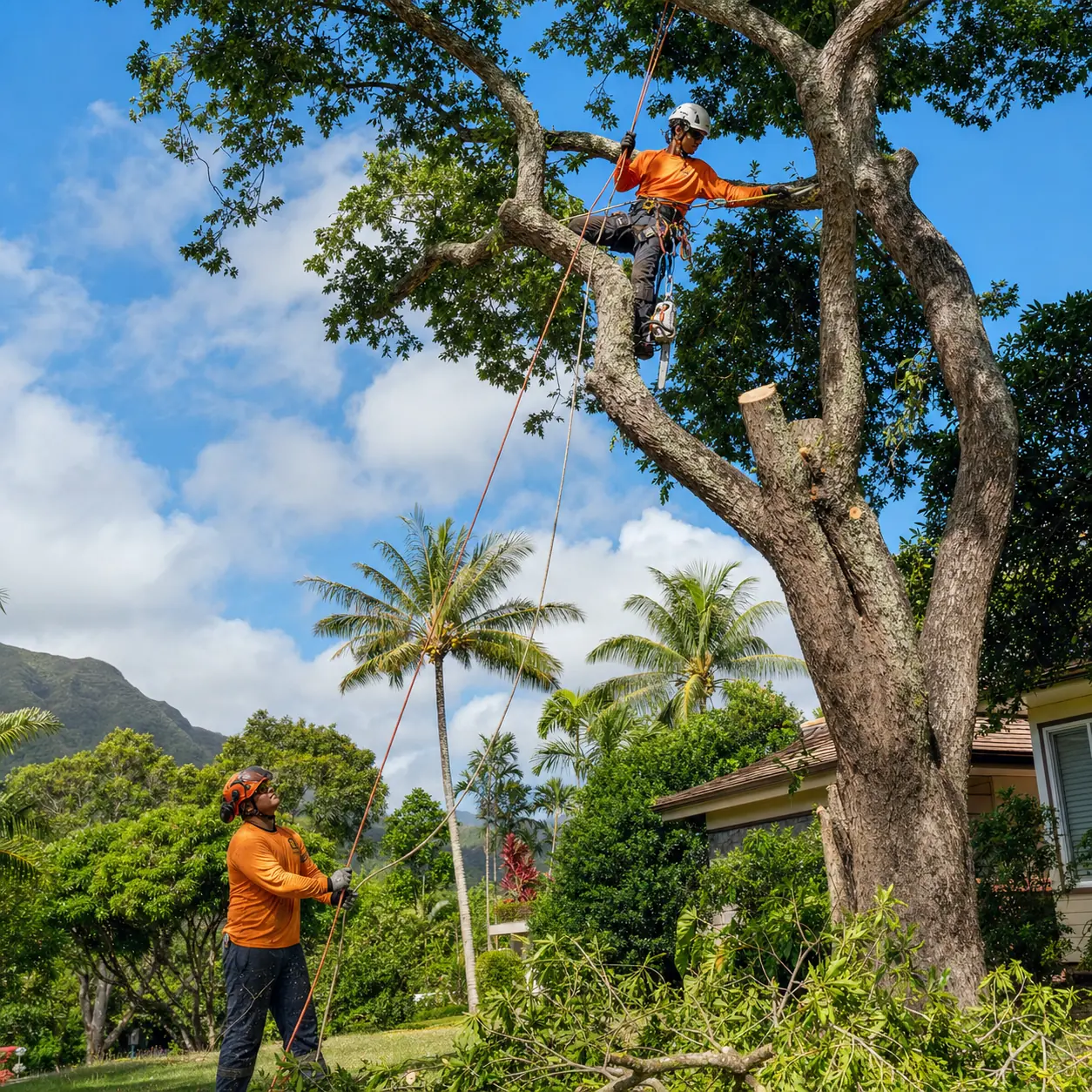 Arborist pruning a mature tropical tree at an Oahu home