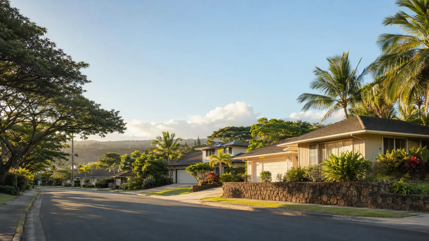Residential street with tropical trees in Aiea, Hawaii