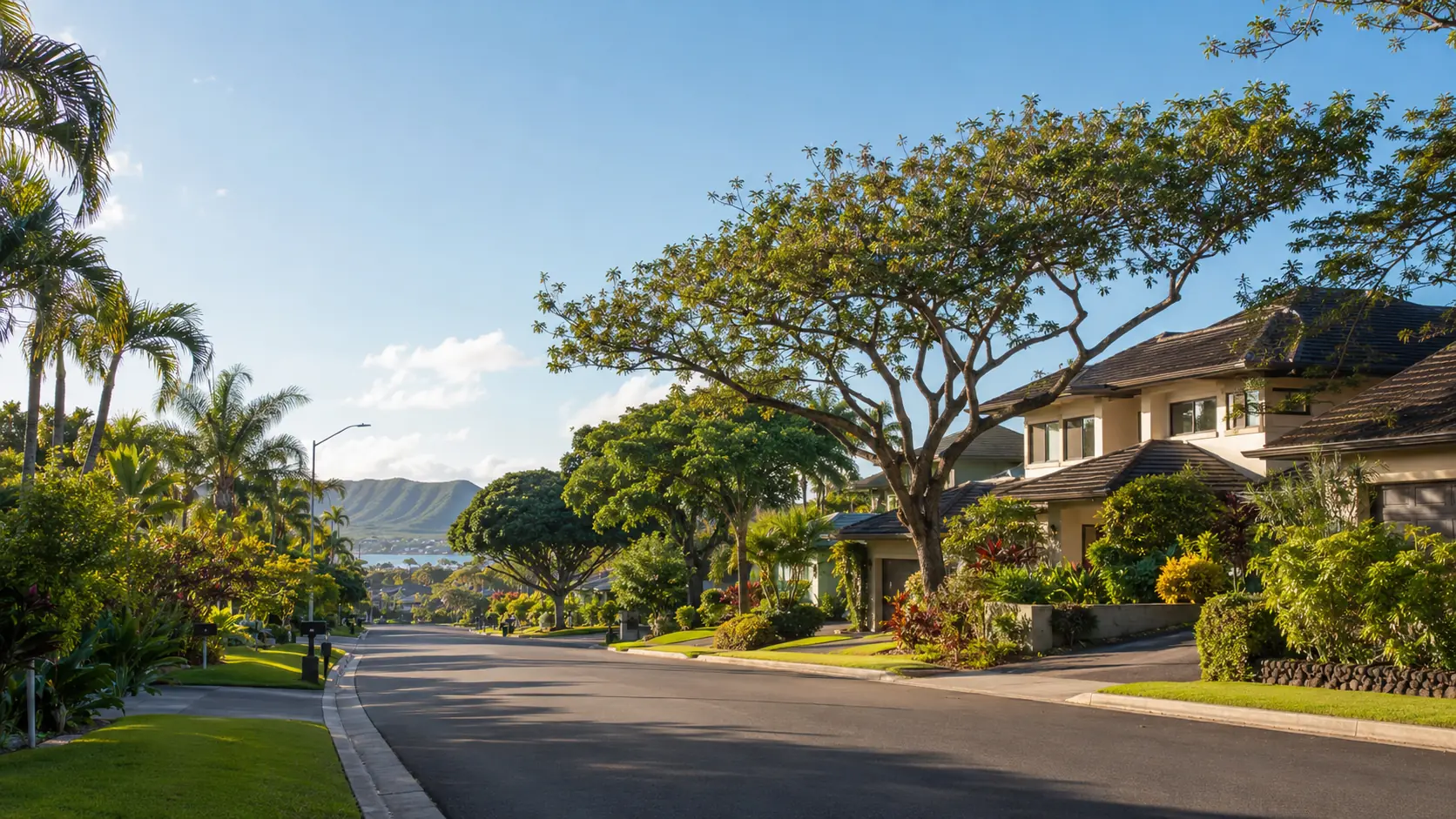 Residential street with tropical trees in Hawaii Kai, Hawaii