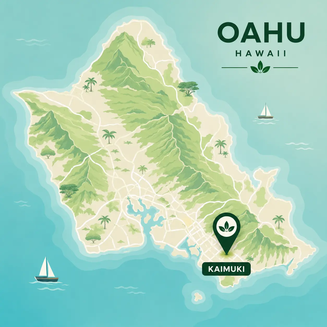 Map of Oahu highlighting Kaimuki