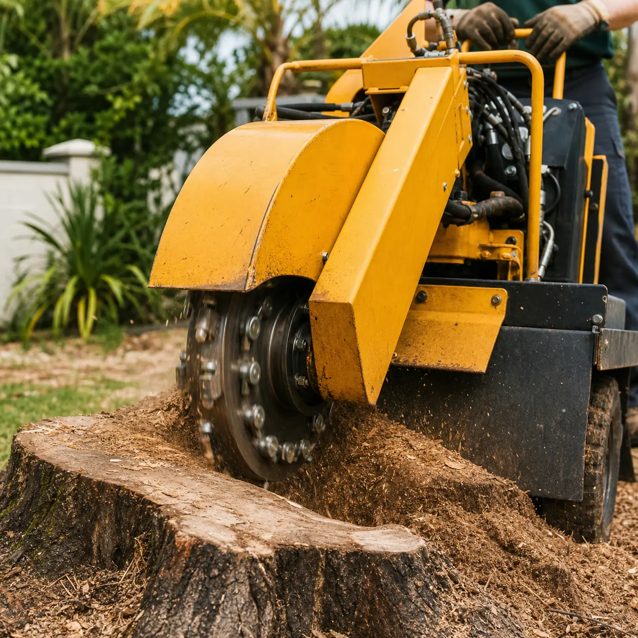 Stump grinder removing a tree stump in a Honolulu yard