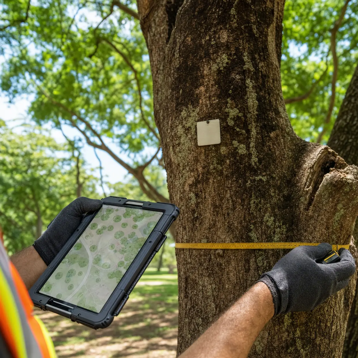 Arborist conducting a tree inventory on a commercial property in Honolulu