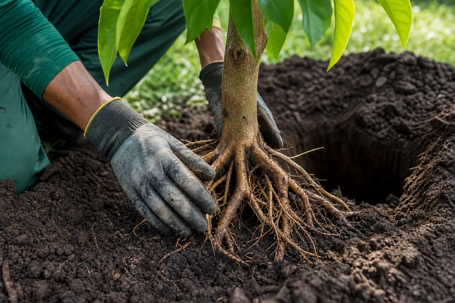 Arborist planting a native Hawaiian tree in a Honolulu residential yard