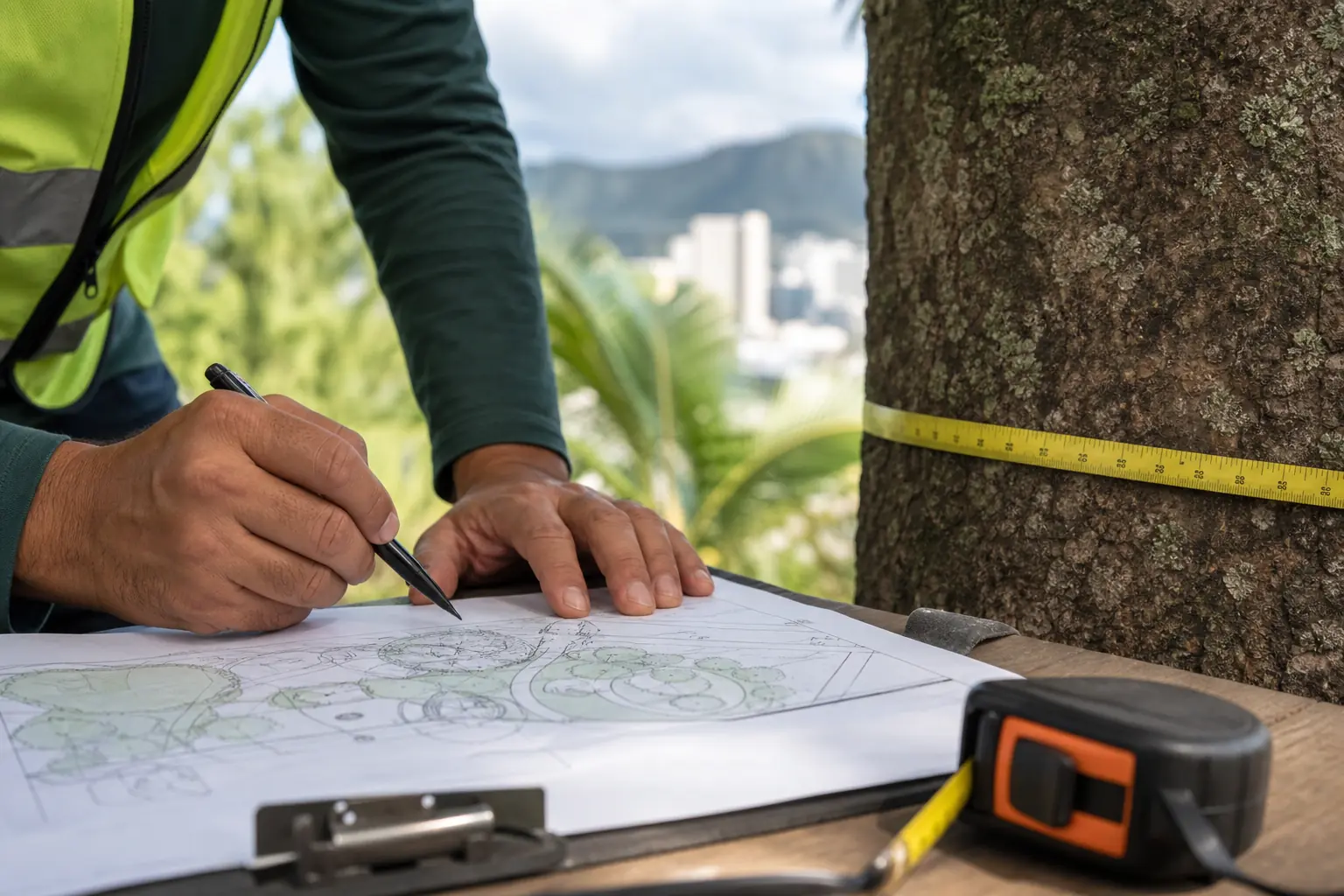 Arborist reviewing tree preservation plan at a Honolulu construction site