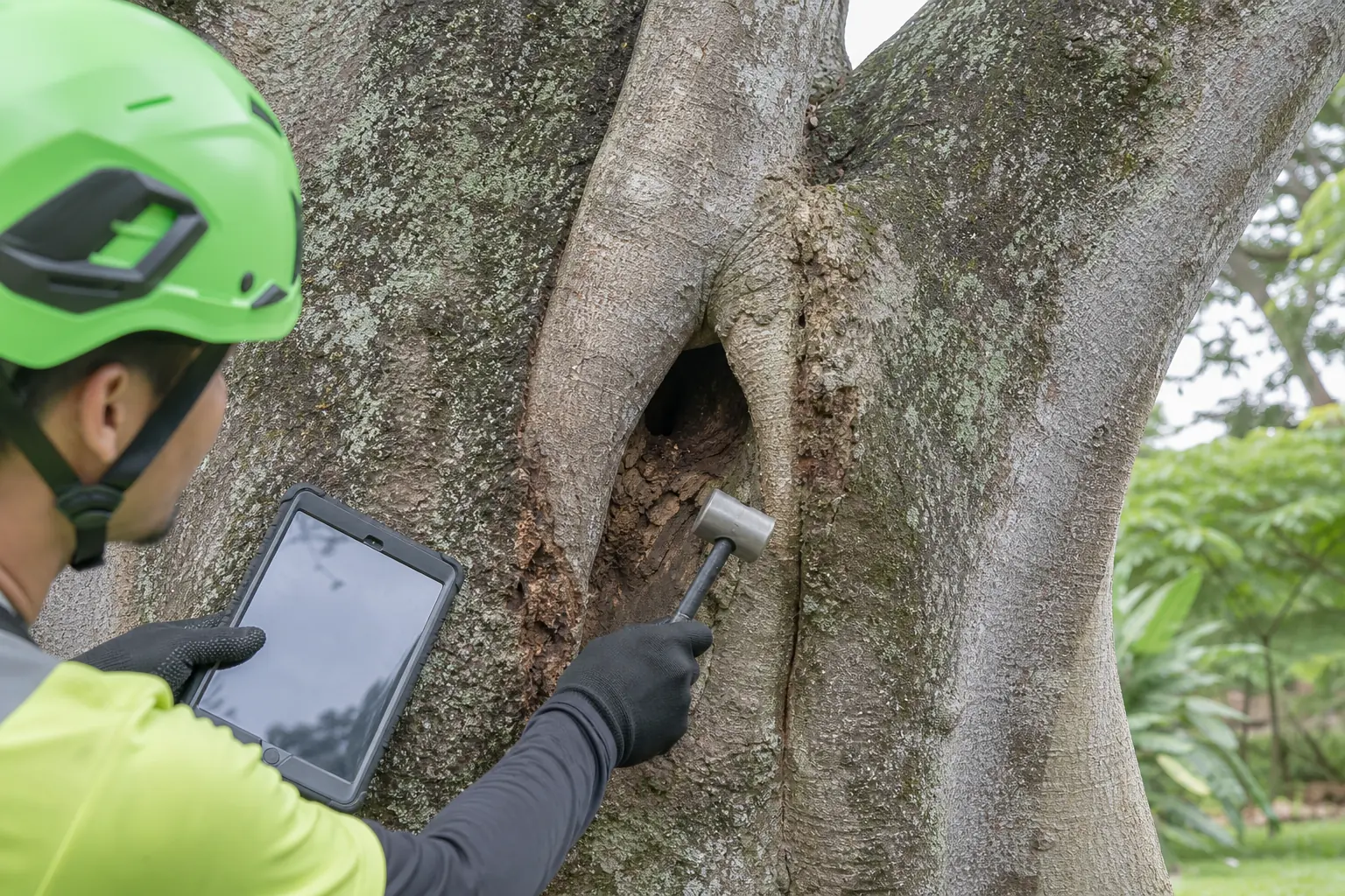 ISA-certified arborist conducting a tree risk assessment in Honolulu